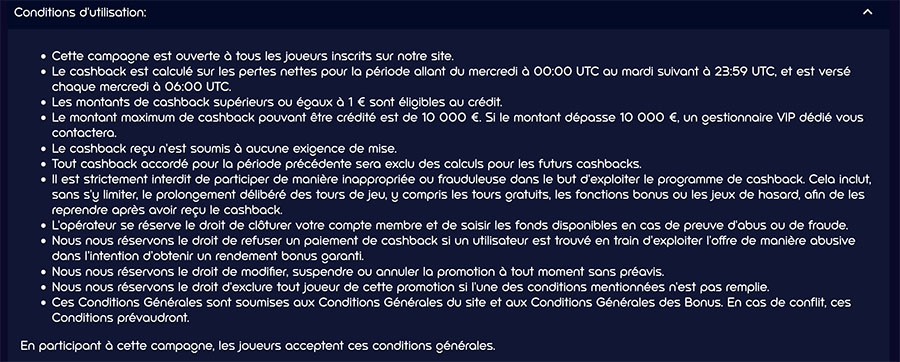 faire attention aux conditions d'utilisation du bonus casback