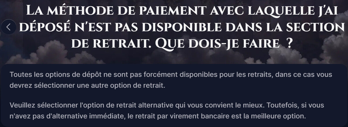 Capture d'écran des conditions de retrait du casino en ligne Cazeus