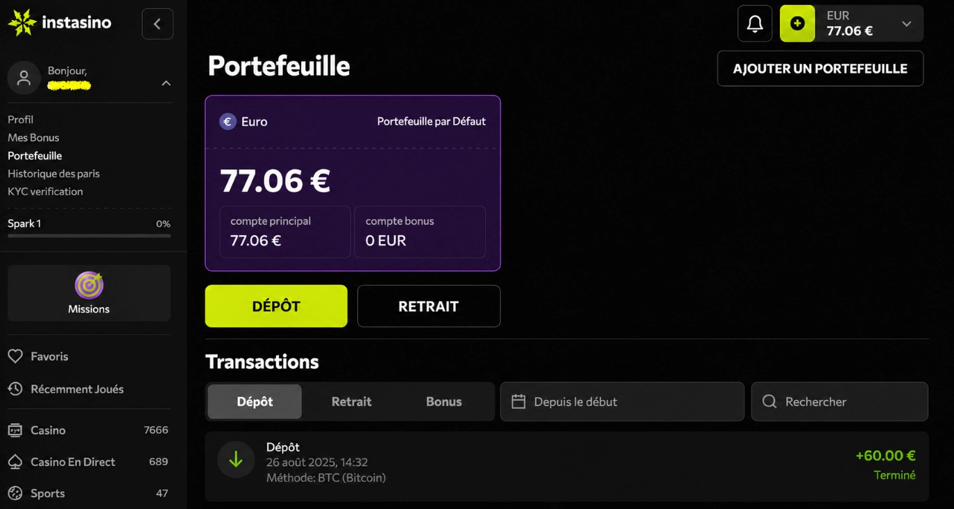 Portefeuille de retrait sur Instasino