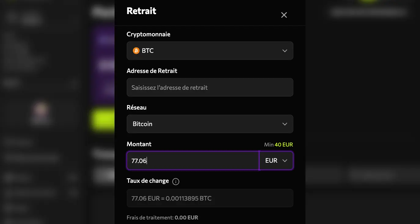 Indiquer montant de retrait sur Instasino