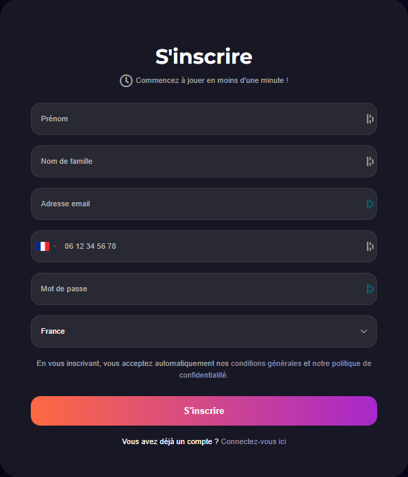 Capture d'écran de l'interface d'inscription du casino en ligne Gxmble