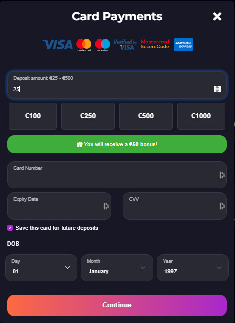 Capture d'écran de l'interface de paiements du casino en ligne Gxmble