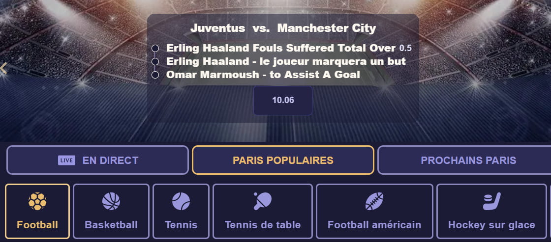 Capture d'écran des paris sportif du casino en ligne Divaspin