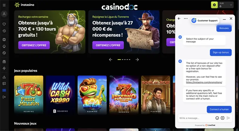 service client instasino