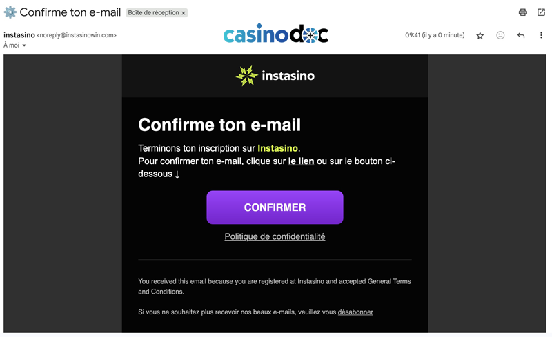 validez votre compte instasino