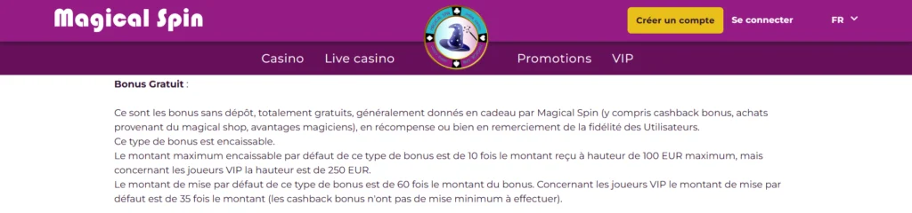 bonus sans dépôt magical spin