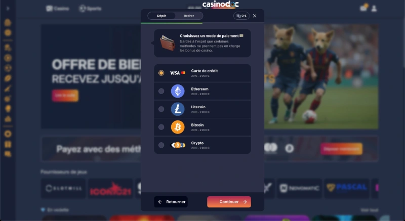Capture d'écran des méthodes de dépôt sur PuppyBet