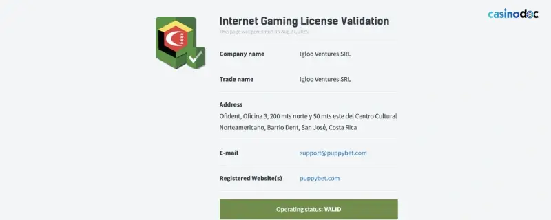 Capture d'écran licence casino PuppyBet