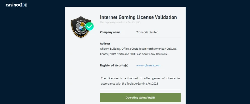 Capture d'écran de la licence de casino SpinAura