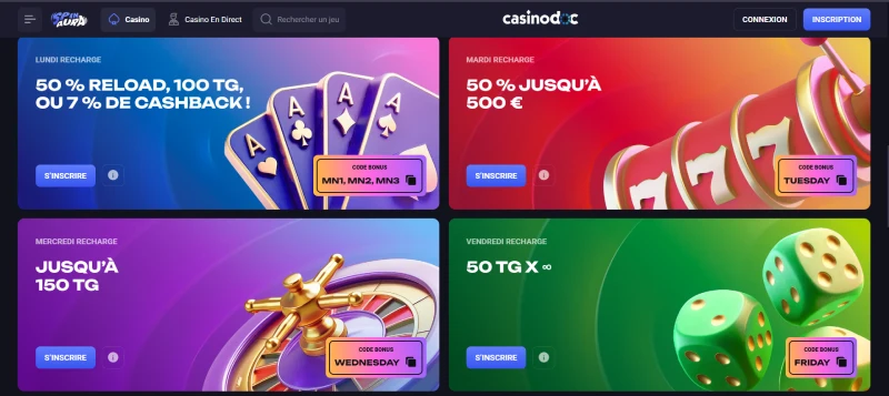 Capture d'écran des promotions sur SpinAura