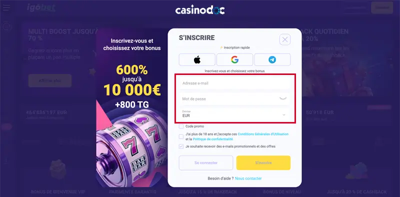 renseigner vos informations igobet