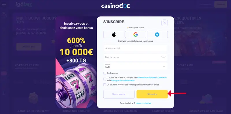 terminer l’inscription et activer le compte igobet