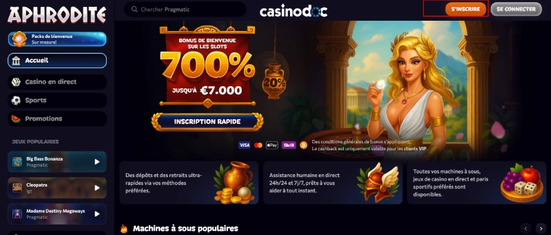 Inscription sur Aphrodite Casino étape2