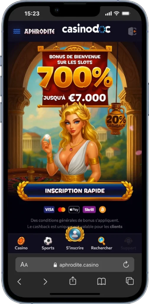 Interface mobile Aphrodite Casino