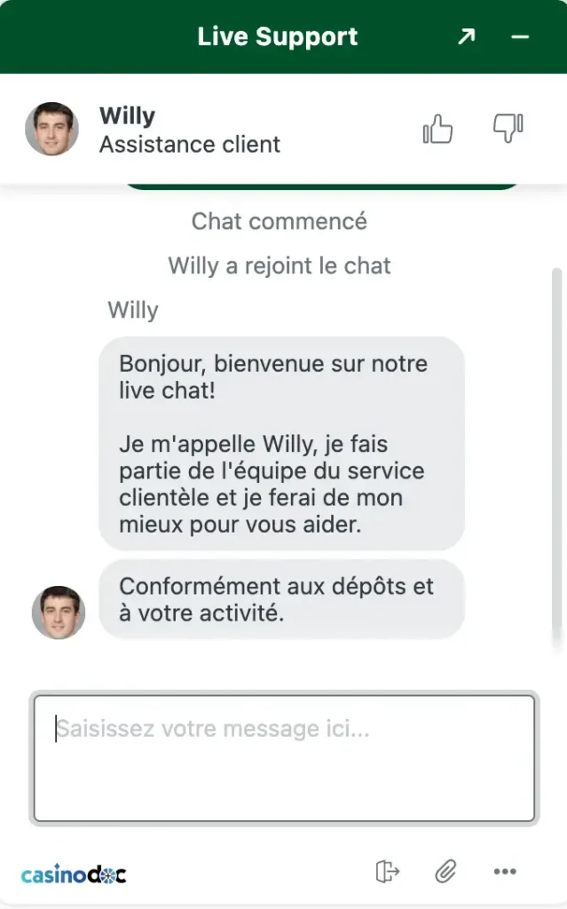 Echange avec le service client Casinolo
