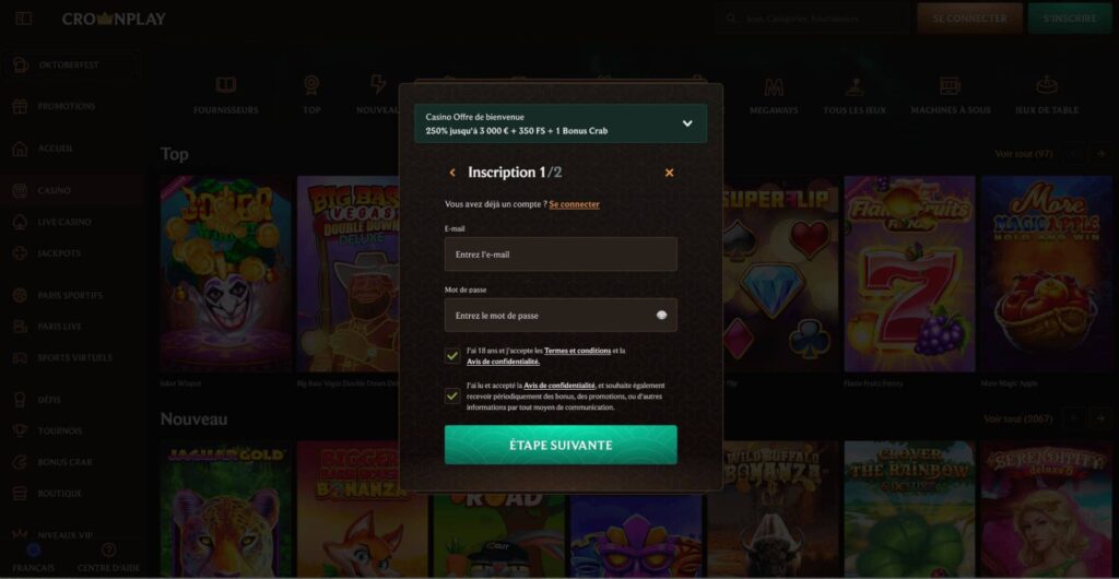 formulaire d'inscription crownplay casino