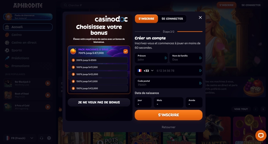 inscription étape4 aphrodite casino