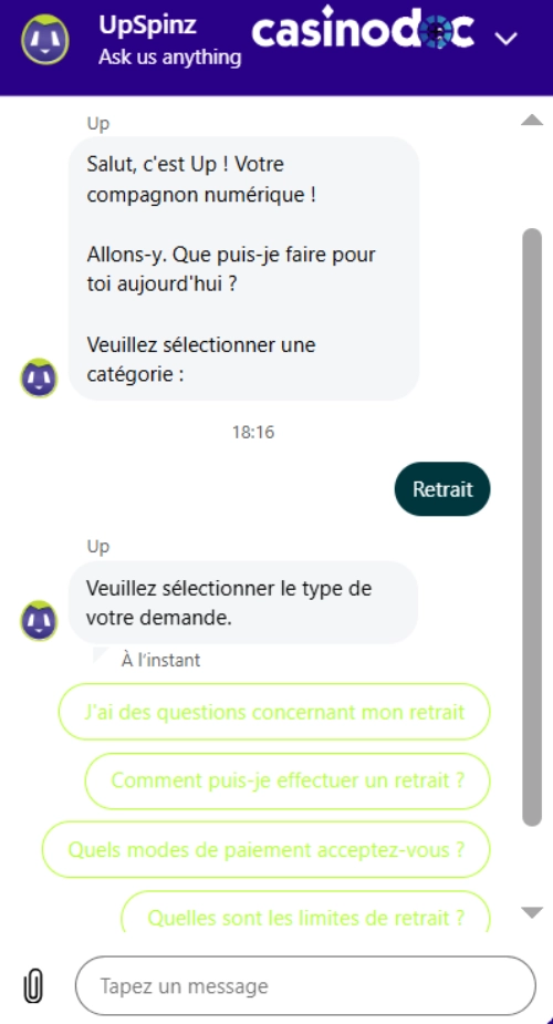 Assistance client Upspinz Casino