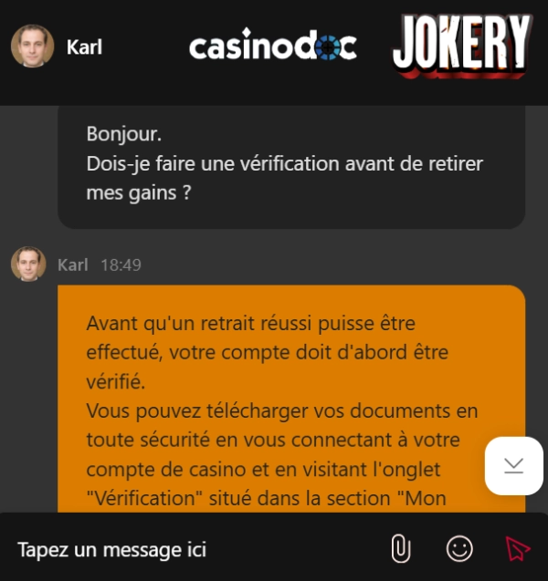 Assistance client de Jokery Casino