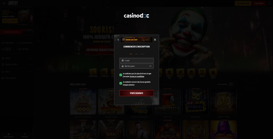 Inscription sur jokery Casino étape3