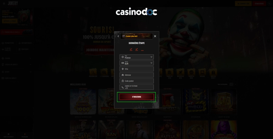 Inscription sur jokery Casino étape5