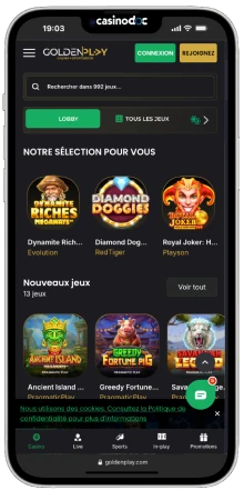 Interface de GoldenPlay sur mobile