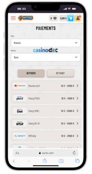 interface mobile wyns casino
