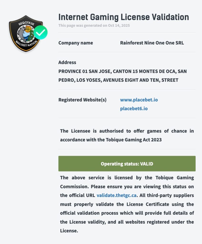 licence placebet