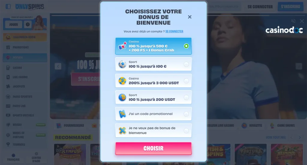 inscription étape 2 only spins casino