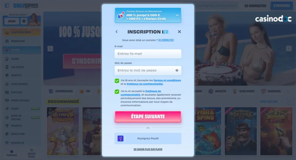 inscription étape 3 only spins casino