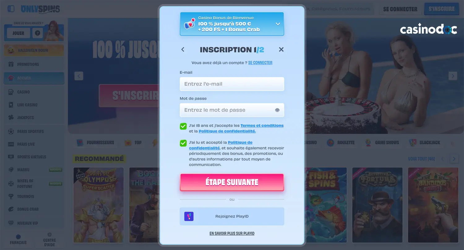 inscription étape 3 only spins casino