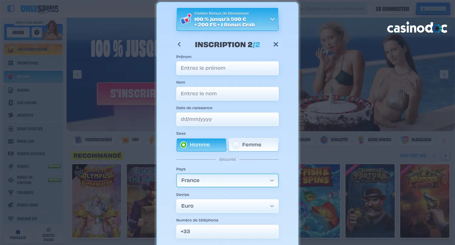 inscription étape 4 only spins casino