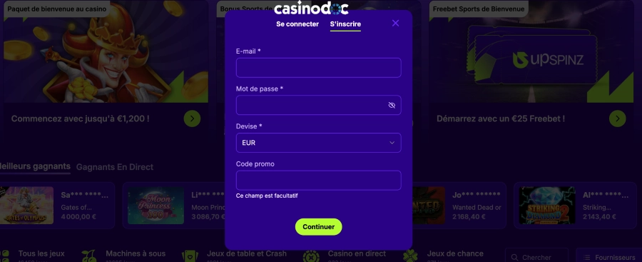 inscription sur Upspinz Casino étape3