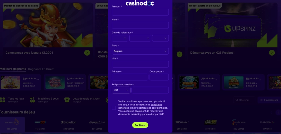 inscription sur Upspinz Casino étape4