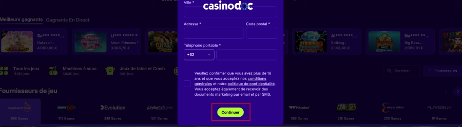 inscription sur Upspinz Casino étape5