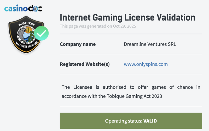 licence only spins casino