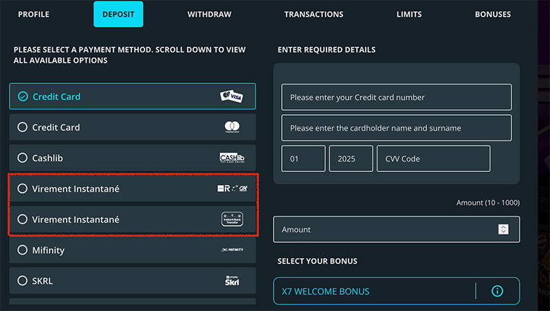 virement immédiat sur X7 Casino