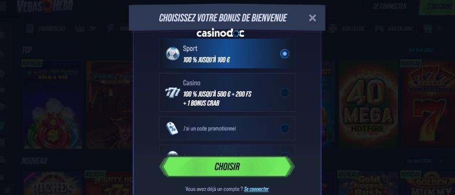 Inscription Vegas Hero étape2