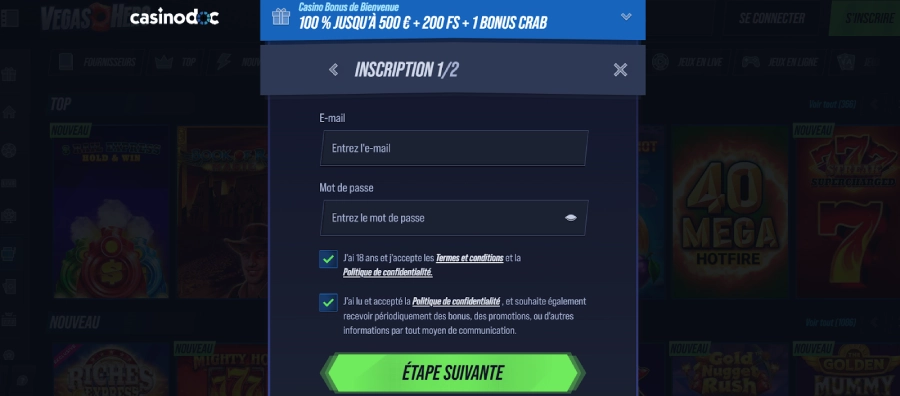 Inscription Vegas Hero étape3