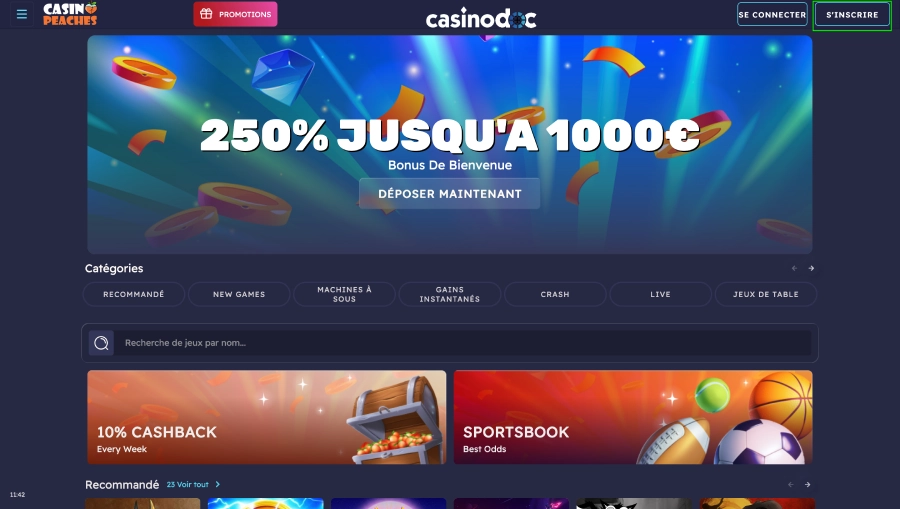 Inscription sur Peaches Casino étape1