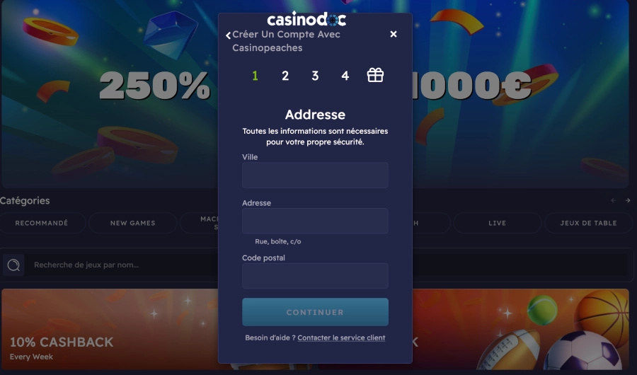 Inscription sur Peaches Casino étape3