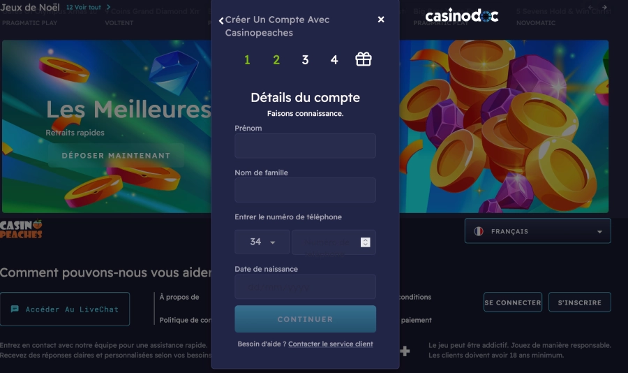 Inscription sur Peaches casino étape4