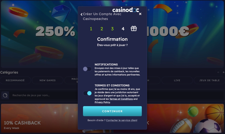 Inscription sur Peaches casino étape5