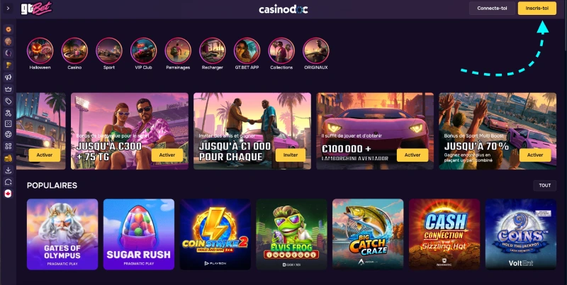 Capture d'écran inscription étape 1 GTbet