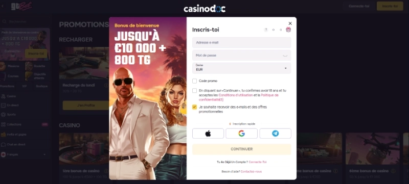 Capture d'écran inscription étape 2 GTbet