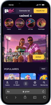 capture d'écran interface mobile gtbet