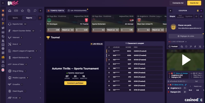 Capture d'écran des paris sportifs sur GTbet