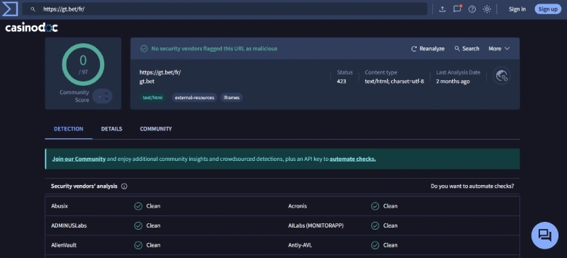 capture d'écran des performances de sécurité de GTbet