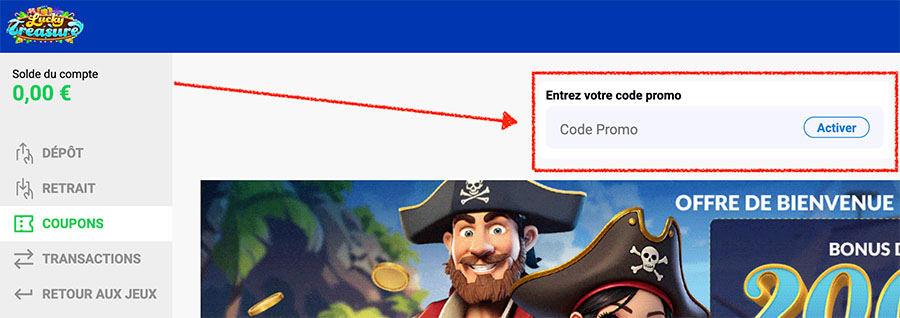 Interface montrant où saisir un code promotionnel Lucky Treasure lors d'un dépôt.