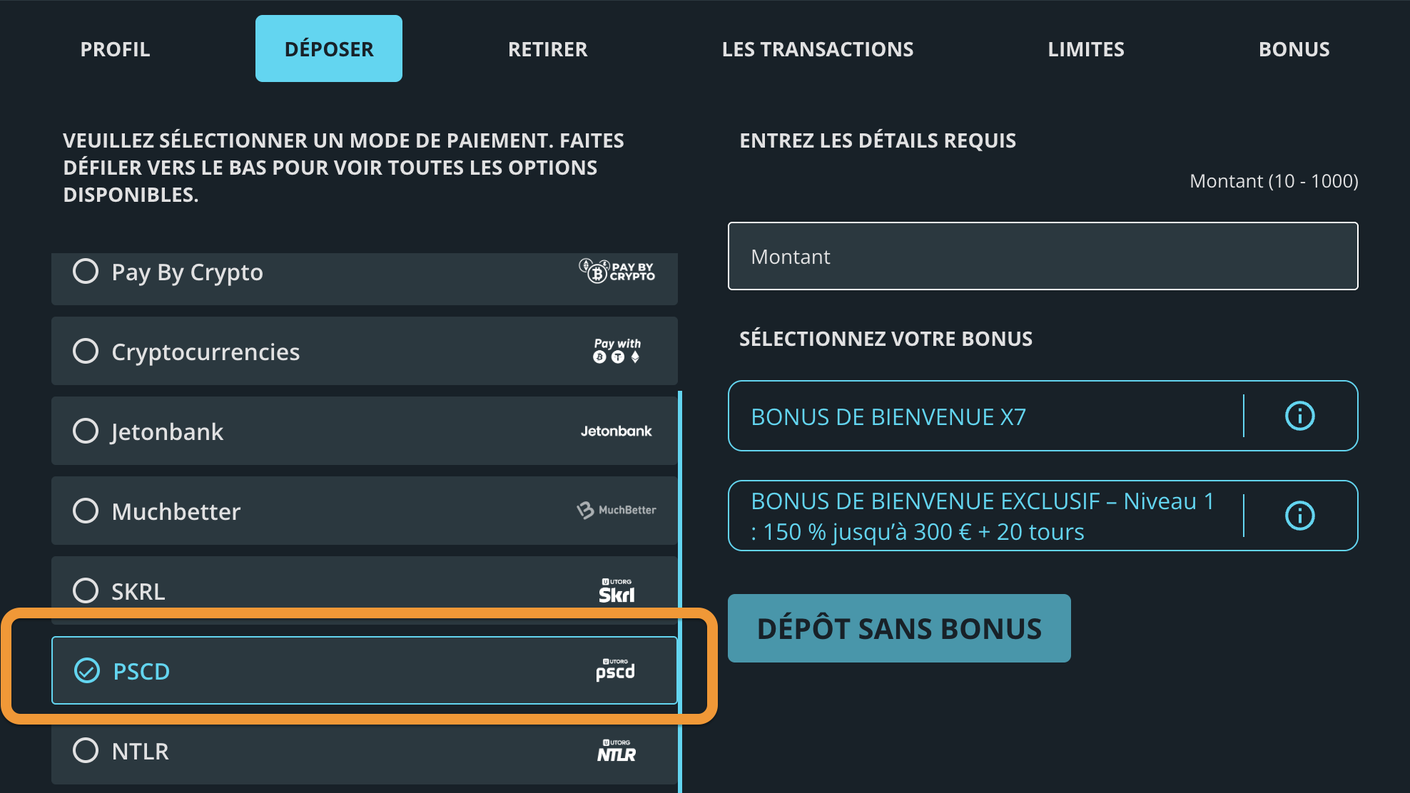 déposer de l'argent avec Paysafecard sur X7 Casino